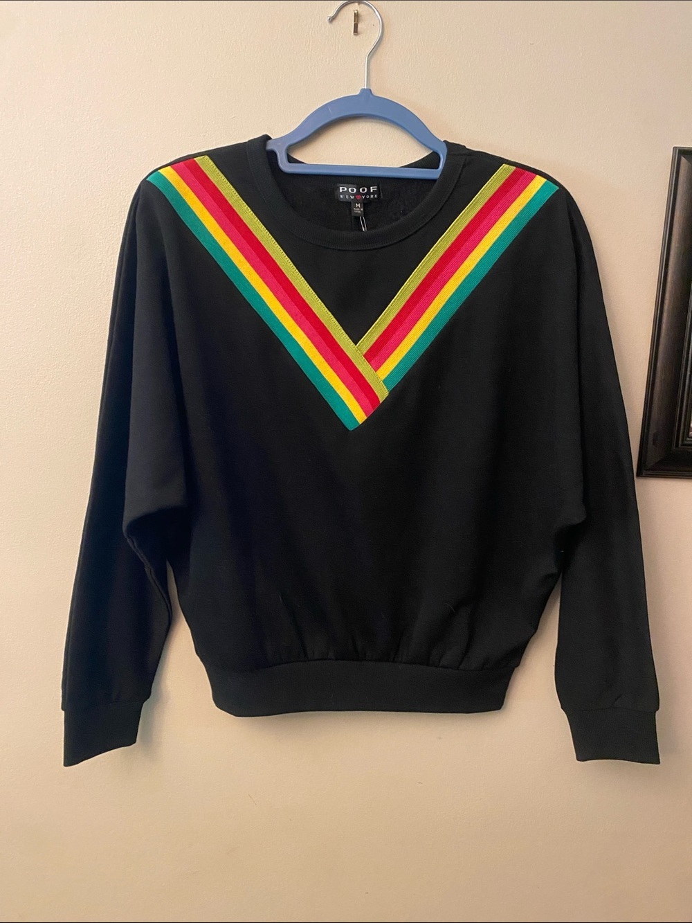 Poof! Black Crewneck Sweater with Red, Yellow, Green, Teal Stripe V 🆕